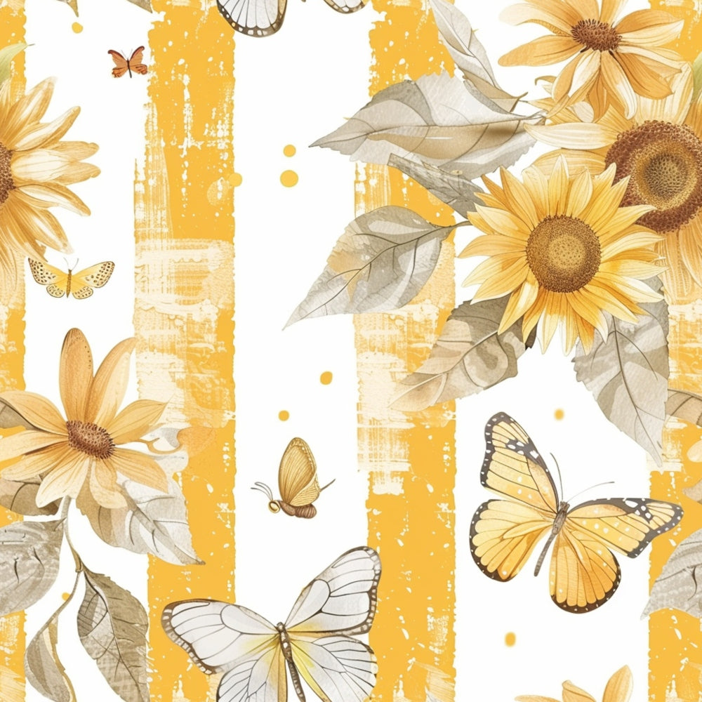 sunflower pattern, butterfly motif, golden yellow, cream white, sage green, watercolor style, floral design, nature theme,, fabric panel, country style, botanical print, vintage aesthetic, soft pastels, spring theme, garden flowers, delicate butterflies, artistic brushstrokes, cottage core, rustic charm