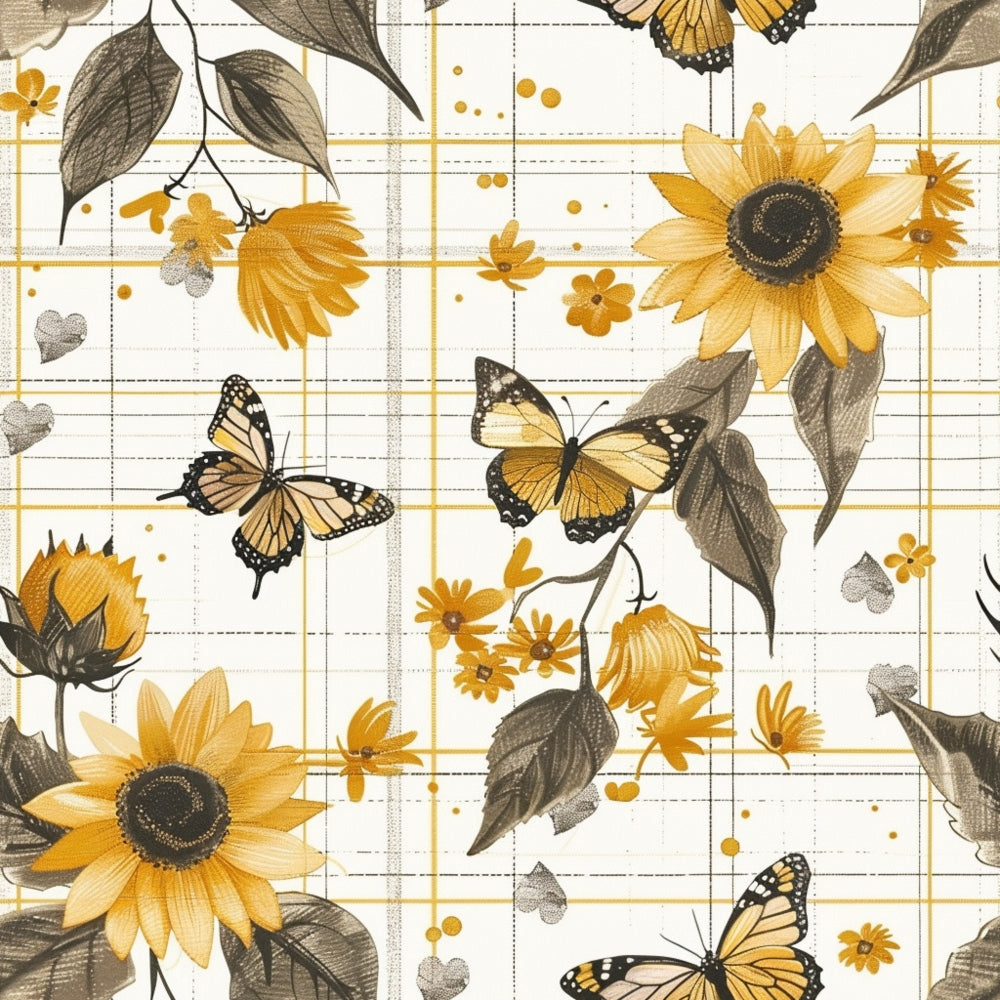sunflower pattern, butterfly design, yellow flowers, orange butterflies, brown leaves, cream background, plaid grid, country style, floral motif,, fabric panel, nature theme, garden elements, monarch butterflies, golden yellow, rustic charm, botanical print, spring summer, cottage core, crafting fabric