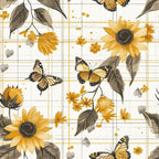 sunflower pattern, butterfly design, yellow flowers, orange butterflies, brown leaves, cream background, plaid grid, country style, floral motif,, fabric panel, nature theme, garden elements, monarch butterflies, golden yellow, rustic charm, botanical print, spring summer, cottage core, crafting fabric