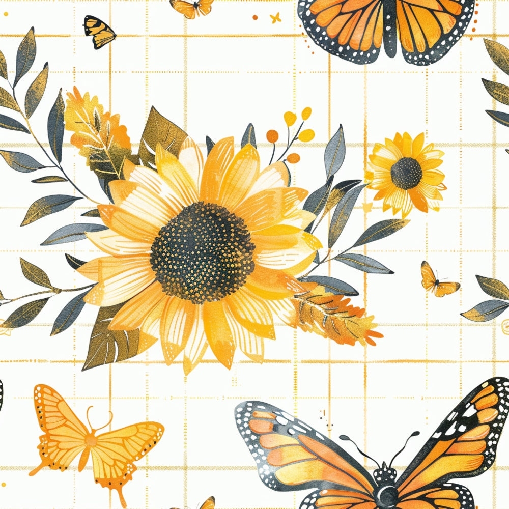 sunflowers, monarch butterflies, orange, yellow, golden, cream, gray, plaid background, country style, floral pattern, butterfly motif,, fabric panel, autumn colors, nature theme, botanical design, warm tones, rustic charm, garden flowers