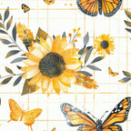 sunflowers, monarch butterflies, orange, yellow, golden, cream, gray, plaid background, country style, floral pattern, butterfly motif,, fabric panel, autumn colors, nature theme, botanical design, warm tones, rustic charm, garden flowers