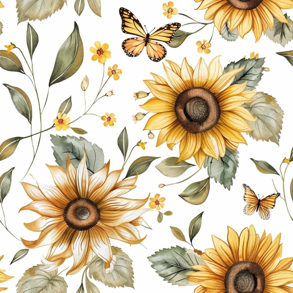 sunflowers, butterflies, golden yellow, orange petals, green leaves, floral pattern, watercolor style, botanical design, monarch butterflies, small wildflowers,, fabric panel, country style, rustic charm, nature motifs, white background, autumn colors, realistic flowers, garden theme, scattered pattern