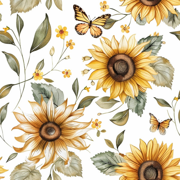 sunflowers, butterflies, golden yellow, orange petals, green leaves, floral pattern, watercolor style, botanical design, monarch butterflies, small wildflowers,, fabric panel, country style, rustic charm, nature motifs, white background, autumn colors, realistic flowers, garden theme, scattered pattern