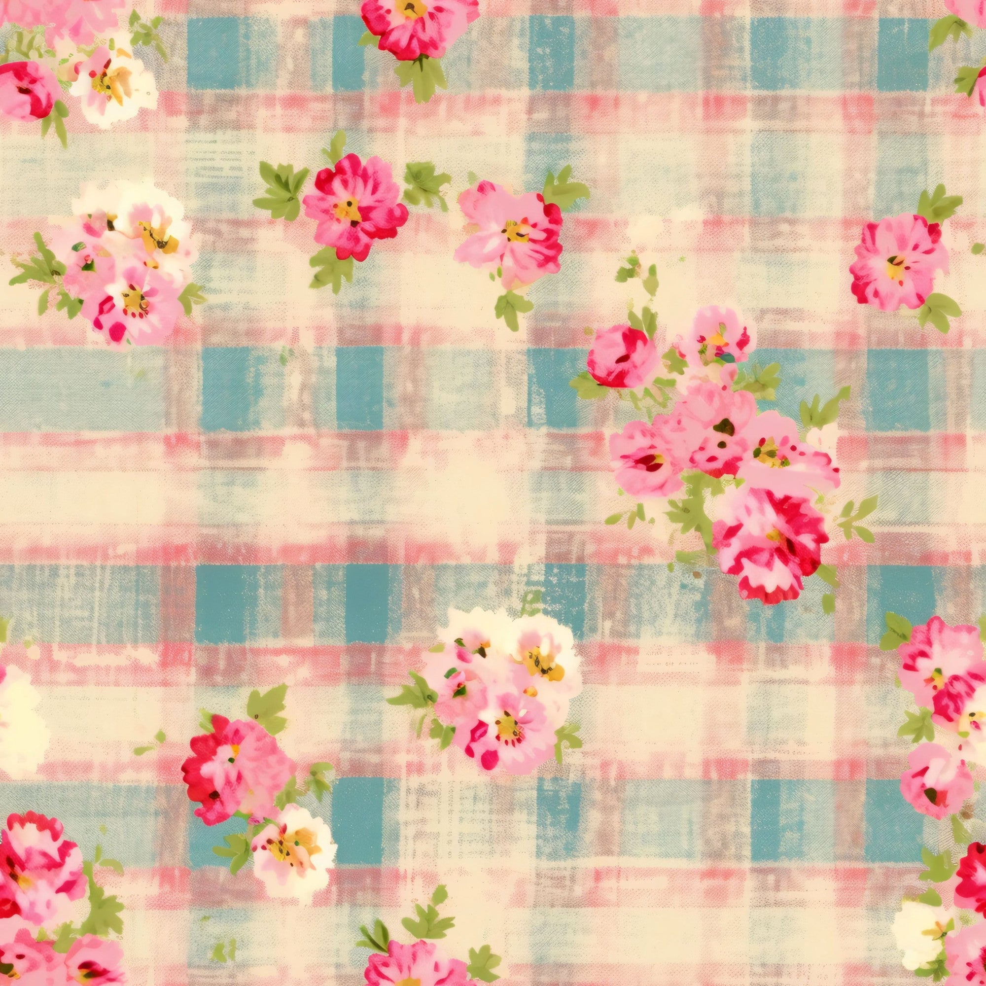 Faded Gingham Blooms Pattern 20 Minky Fabric