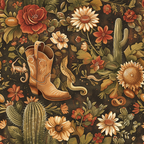 brown, rust, orange, cream, olive green, western theme, cowboy boots, cacti, sunflowers, roses, desert flowers, rattlesnake, southwestern style, vintage illustration, botanical motifs,, fabric panel, earthy tones, desert scene, floral pattern
