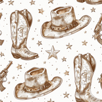 brown, sepia, cream, beige, cowboy boots, cowboy hats, revolvers, pistols, stars, western theme, vintage style, sketched illustration, repeating pattern,, fabric panel, rustic, americana, old west, hand-drawn style, scattered design