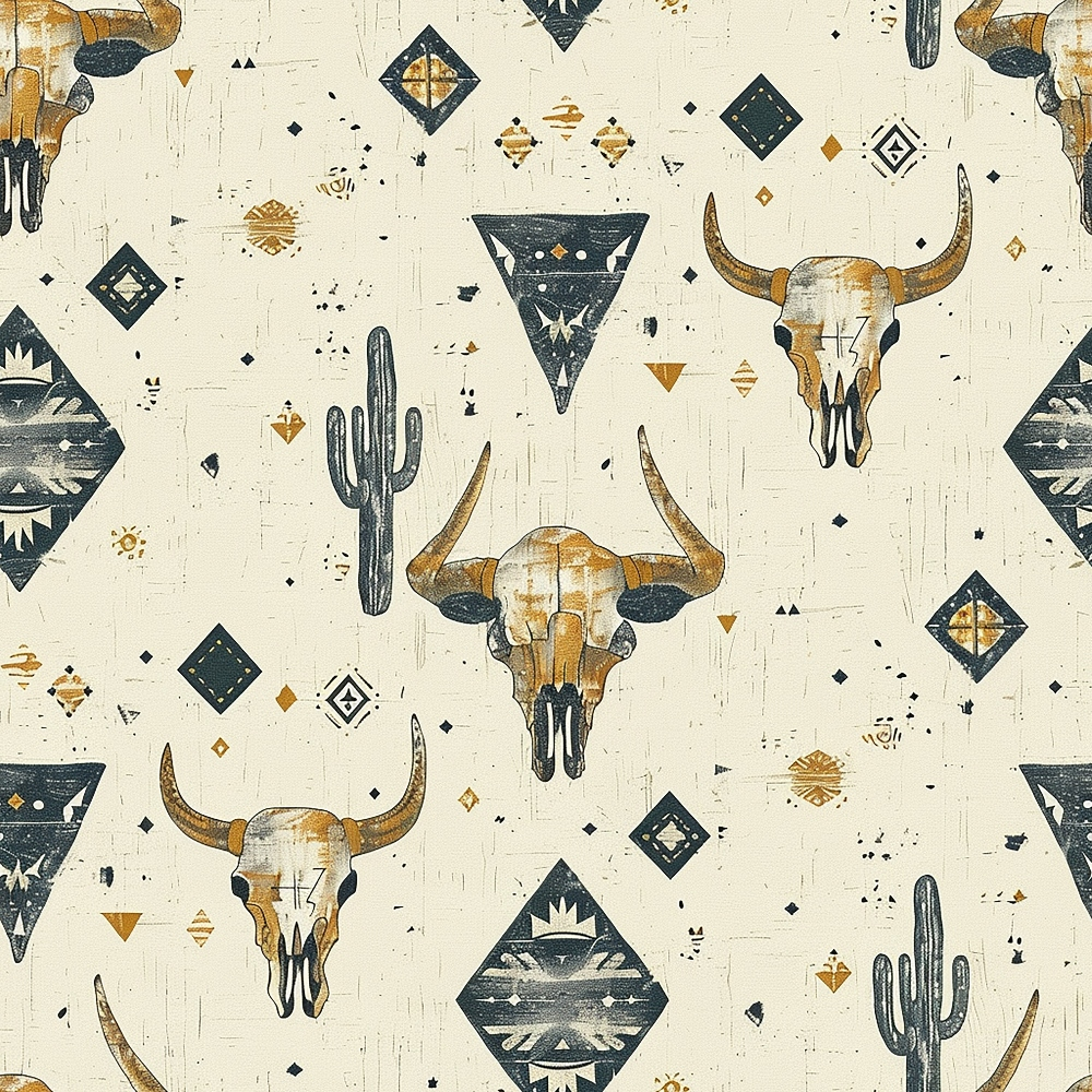 cream background, navy blue, rust orange, bull skulls, cow skulls, cactus, saguaro cactus, geometric diamonds, tribal patterns, southwestern motifs, western theme, desert elements, distressed texture, vintage style,, fabric panel, bohemian design, rustic charm, americana, cowboy theme