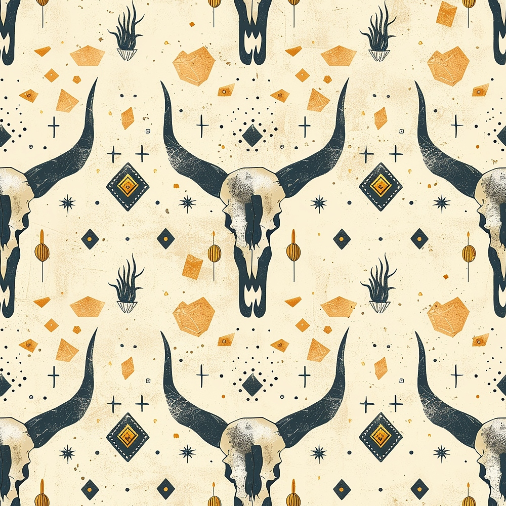 cream background, burnt orange, navy blue, bull skull, cow skull, western motif, geometric shapes, diamond patterns, crosses, desert plants, agave, southwestern style, boho design, repeating pattern,, fabric panel, rustic aesthetic, tribal elements, vintage texture, western themed