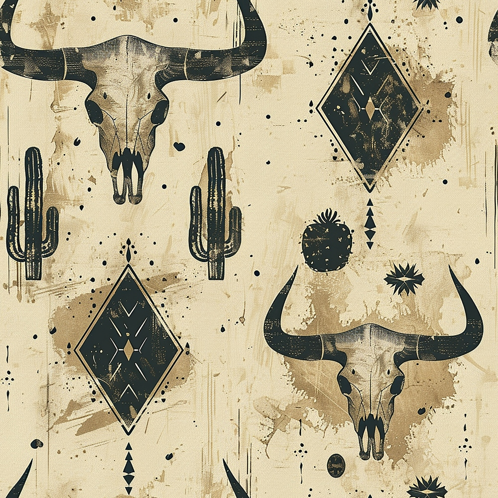 beige, tan, brown, black, bull skulls, longhorn skulls, saguaro cactus, desert cacti, geometric diamonds, southwestern motifs, western theme, cowboy style, distressed texture, vintage weathered,, fabric panel, rustic design, desert plants, tribal patterns, speckled dots
