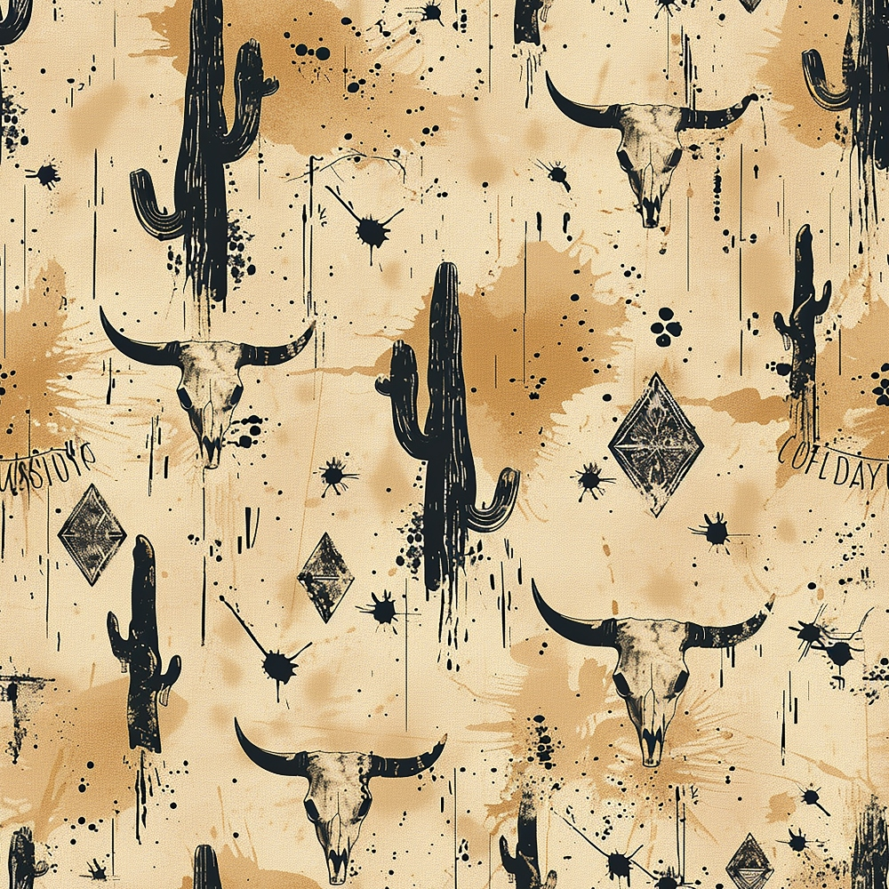 beige, tan, black, desert colors, bull skulls, cacti, saguaro cactus, diamond shapes, paint splatters, drips, western theme, southwestern style, skulls, horns, desert motifs, distressed texture, grunge effect,, fabric panel, rustic design