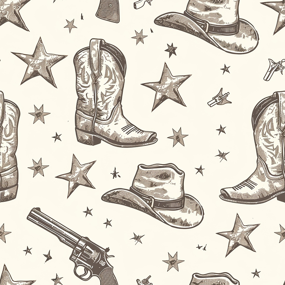 beige, cream, brown, sepia, cowboy boots, cowboy hats, revolvers, pistols, stars, western theme, vintage illustration, sketched style, repeating pattern,, fabric panel, rustic, americana, southwestern, nostalgic mood