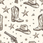 beige, cream, brown, sepia, cowboy boots, cowboy hats, revolvers, pistols, stars, western theme, vintage illustration, sketched style, repeating pattern,, fabric panel, rustic, americana, southwestern, nostalgic mood
