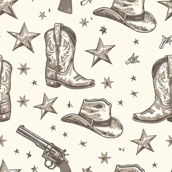 beige, cream, brown, sepia, cowboy boots, cowboy hats, revolvers, pistols, stars, western theme, vintage illustration, sketched style, repeating pattern,, fabric panel, rustic, americana, southwestern, nostalgic mood