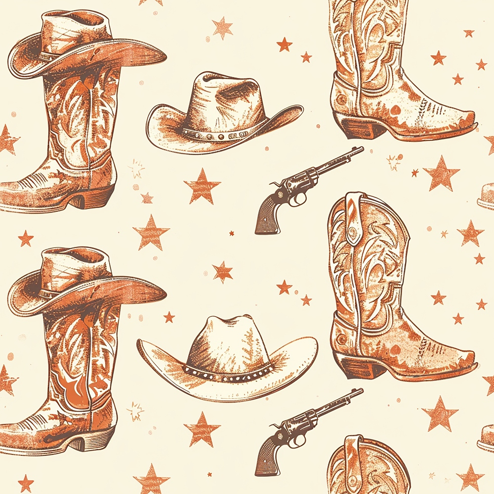 rust orange, cream background, cowboy boots, western hats, revolvers, stars, vintage illustration, sketched style, repeating pattern,, western theme, americana, cowboy motif, distressed texture, sepia tones, fabric panel, country style, rustic design, sheriff accessories