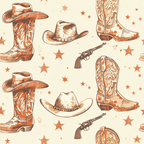 rust orange, cream background, cowboy boots, western hats, revolvers, stars, vintage illustration, sketched style, repeating pattern,, western theme, americana, cowboy motif, distressed texture, sepia tones, fabric panel, country style, rustic design, sheriff accessories