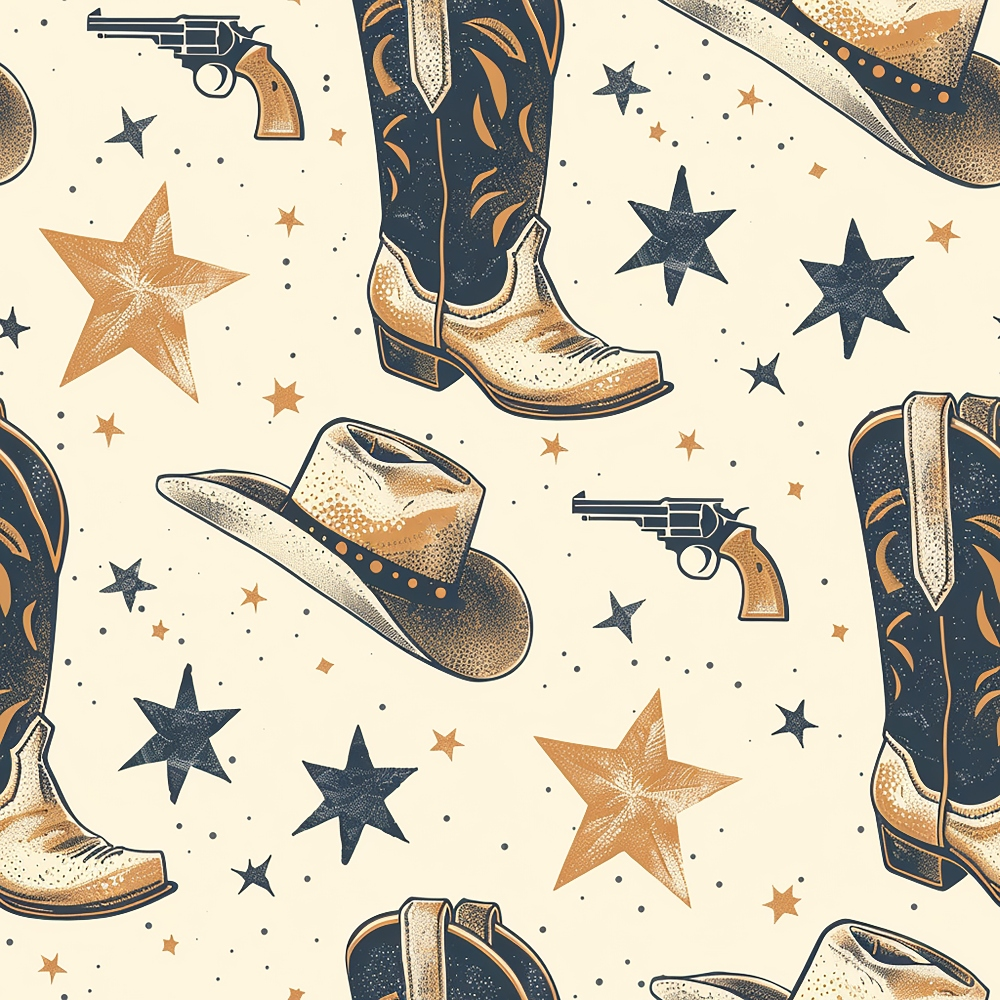 cowboy boots, western hat, revolver, six-pointed stars, cream background, navy blue, burnt orange, tan brown, western theme,, fabric panel, vintage style, cowboy charm, decorative stars, pistol, ranch wear, americana, scattered pattern, rustic design, western accessories