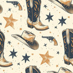 cowboy boots, western hat, revolver, six-pointed stars, cream background, navy blue, burnt orange, tan brown, western theme,, fabric panel, vintage style, cowboy charm, decorative stars, pistol, ranch wear, americana, scattered pattern, rustic design, western accessories