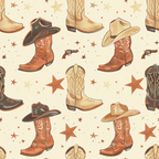 western theme, cowboy boots, cowboy hats, revolvers, stars, cream background, brown tones, tan colors, rust orange, beige accents, repeating pattern,, fabric panel, vintage style, americana motif, scattered design, western wear, boots and hats, dusty colors, ranch style