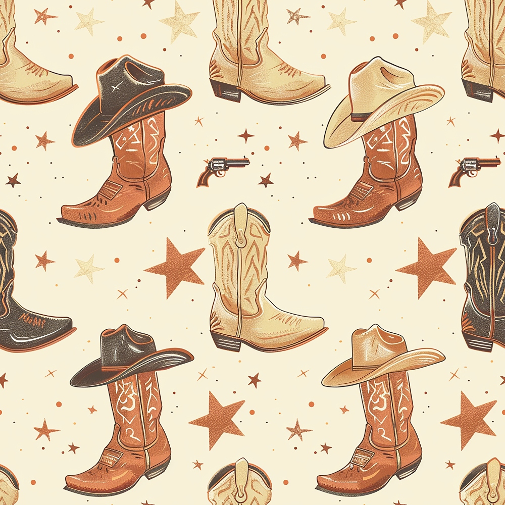 western theme, cowboy boots, cowboy hats, revolvers, stars, cream background, brown tones, tan colors, rust orange, beige accents, repeating pattern,, fabric panel, vintage style, americana motif, scattered design, western wear, boots and hats, dusty colors, ranch style