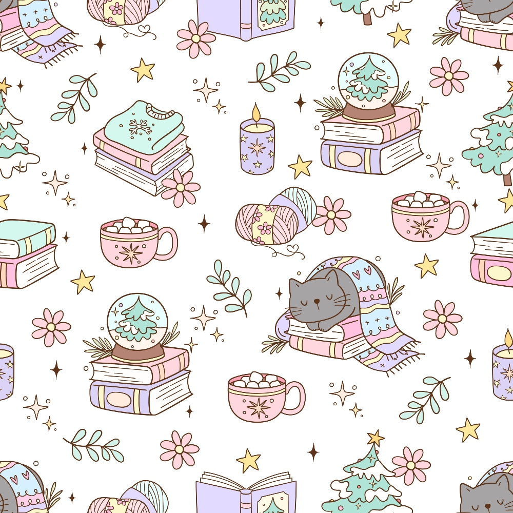 cozy cats, sleeping cats, books, snow globes, hot cocoa, marshmallows, candles, yarn balls, christmas trees, stars, flowers, pastel colors, mint green, lavender purple, soft pink, whimsical illustration, kawaii style,, fabric panel, winter theme, hygge aesthetic, scattered repeat pattern