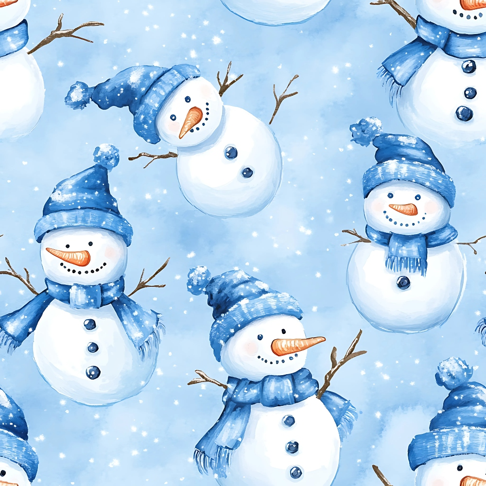 snowman, winter, blue, white, orange,, fabric panel, watercolor style, snow falling, knit hats, scarves, stick arms, carrot noses, button details, cozy, whimsical, cheerful, seasonal, holiday fabric, repeating pattern