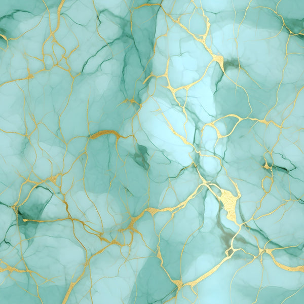 aqua, turquoise, mint green, gold veining, cracked marble, marble pattern, stone texture, abstract design, luxurious, elegant,, fabric panel, geometric cracks, mineral veins, sophisticated, contemporary, marbled effect, jade green, golden accents