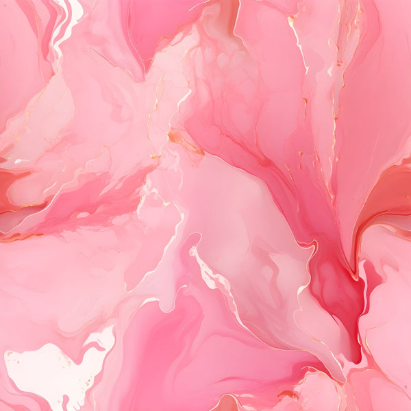 Abstract artwork featuring swirling pink, white, and gold patterns resembling marble or fluid paint.
