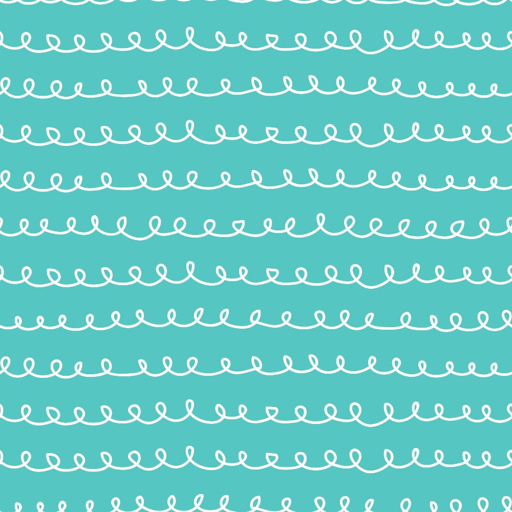 turquoise, teal, white, hand-drawn loops, curvy lines, abstract doodles, whimsical pattern, continuous spirals, flowing design,, fabric panel, playful style, repetitive motif, wavy borders, decorative swirls, modern pattern, craft fabric, sewing material