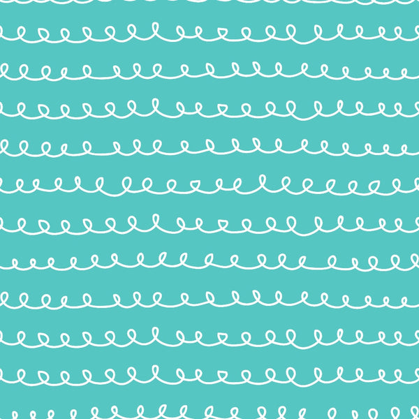 turquoise, teal, white, hand-drawn loops, curvy lines, abstract doodles, whimsical pattern, continuous spirals, flowing design,, fabric panel, playful style, repetitive motif, wavy borders, decorative swirls, modern pattern, craft fabric, sewing material