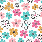 floral pattern, doodle flowers, pink flowers, teal flowers, orange flowers, white flowers, black outlined flowers, polka dots, abstract blooms, cheerful design, bright colors, hand drawn style, whimsical flowers, cotton fabric, quilting panel, spring theme, feminine pattern, playful motifs, colorful florals, scattered design