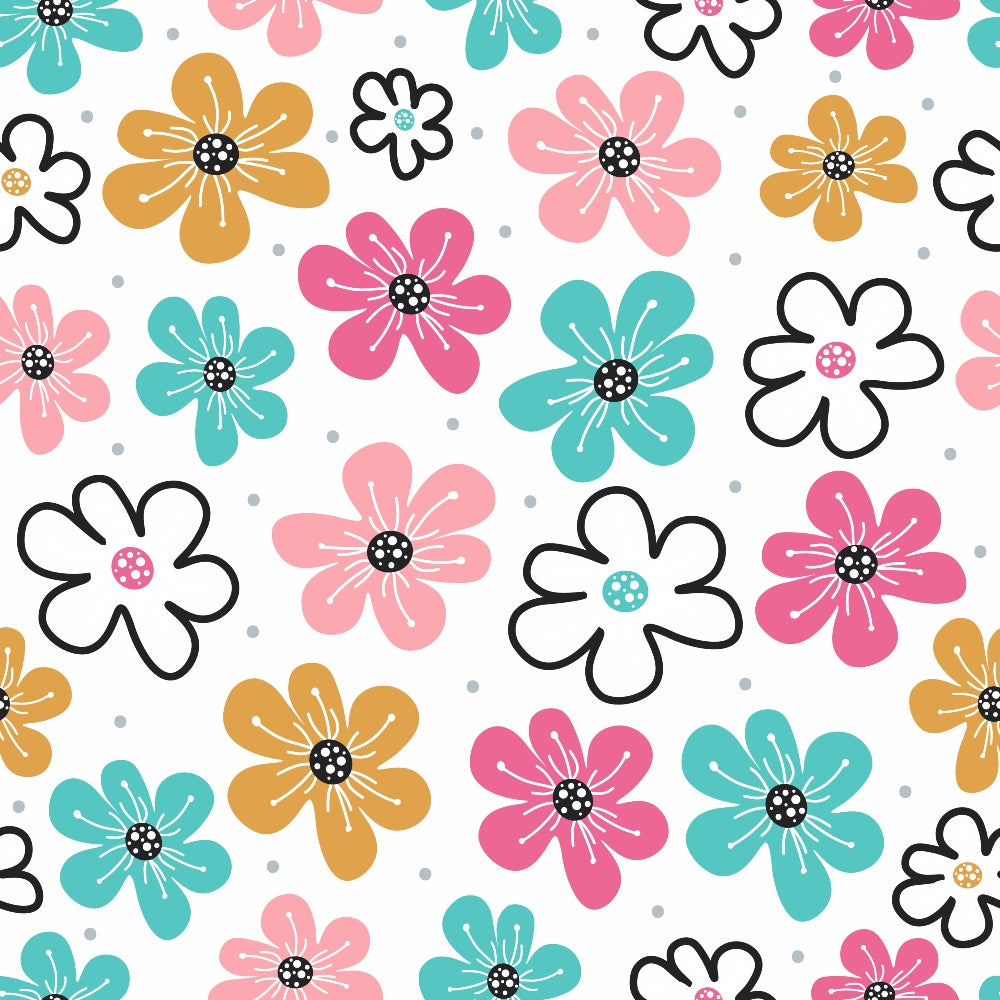 floral pattern, doodle flowers, pink flowers, teal flowers, orange flowers, white flowers, black outlined flowers, polka dots, abstract blooms, cheerful design, bright colors, hand drawn style, whimsical flowers, cotton fabric, quilting panel, spring theme, feminine pattern, playful motifs, colorful florals, scattered design