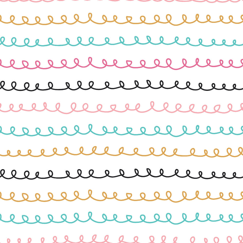 curvy lines, squiggly doodles, pink loops, turquoise swirls, yellow curves, black scribbles, abstract pattern, hand drawn, whimsical design, continuous loops, wavy borders, colorful stripes, playful motifs,, fabric panel, modern geometric, casual style, craft supplies
