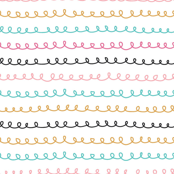 curvy lines, squiggly doodles, pink loops, turquoise swirls, yellow curves, black scribbles, abstract pattern, hand drawn, whimsical design, continuous loops, wavy borders, colorful stripes, playful motifs,, fabric panel, modern geometric, casual style, craft supplies