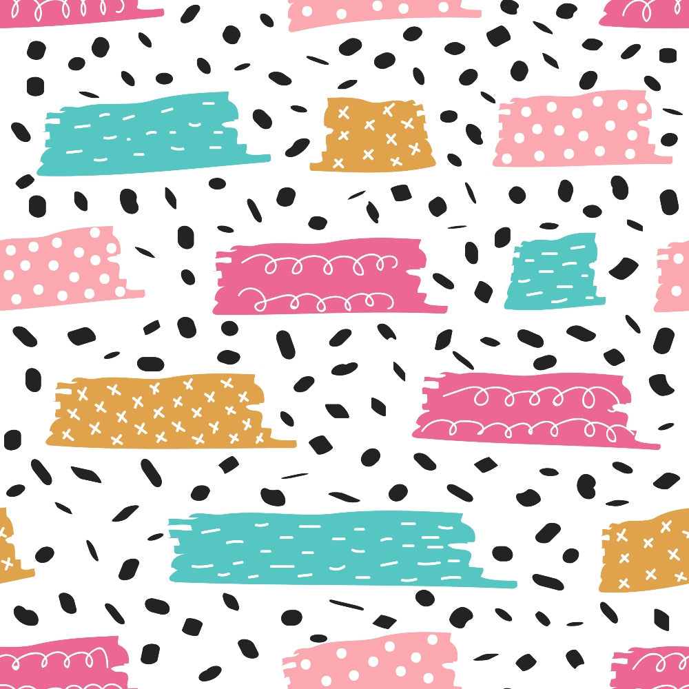 pink, teal, mustard yellow, black, white, polka dots, dashes, crosses, scribbles, abstract shapes, geometric elements, hand drawn, doodle style, playful, modern, contemporary, brush strokes, scattered confetti,, fabric panel, crafting material