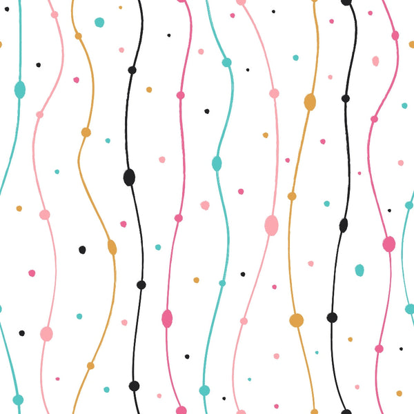 teal, pink, orange, black, wavy lines, dots, circles, abstract pattern, modern design, geometric, playful, contemporary,, fabric panel, colorful stripes, minimalist, artistic, curved lines, scattered dots, whimsical