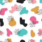abstract shapes, organic blobs, coral pink, turquoise, mustard yellow, black accents, dotted details, modern doodles, contemporary art, playful pattern,, fabric panel, geometric organic, hand drawn style, trendy colors, craft fabric, sewing material, irregular shapes, artistic design, memphis style
