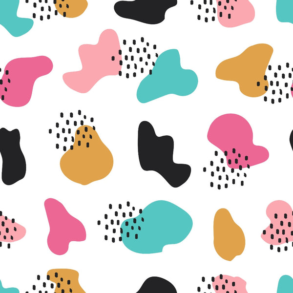 abstract shapes, organic blobs, coral pink, turquoise, mustard yellow, black accents, dotted details, modern doodles, contemporary art, playful pattern,, fabric panel, geometric organic, hand drawn style, trendy colors, craft fabric, sewing material, irregular shapes, artistic design, memphis style