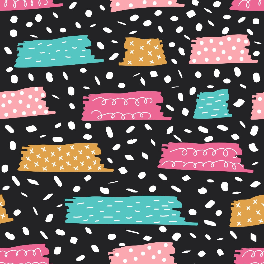 black background, pink brush strokes, teal brush strokes, orange brush strokes, white polka dots, crossed patterns, swirl doodles, abstract shapes, hand drawn style, playful design, modern pattern,, fabric panel, geometric elements, colorful strokes, whimsical doodles, contemporary art, craft fabric