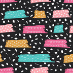 black background, pink brush strokes, teal brush strokes, orange brush strokes, white polka dots, crossed patterns, swirl doodles, abstract shapes, hand drawn style, playful design, modern pattern,, fabric panel, geometric elements, colorful strokes, whimsical doodles, contemporary art, craft fabric