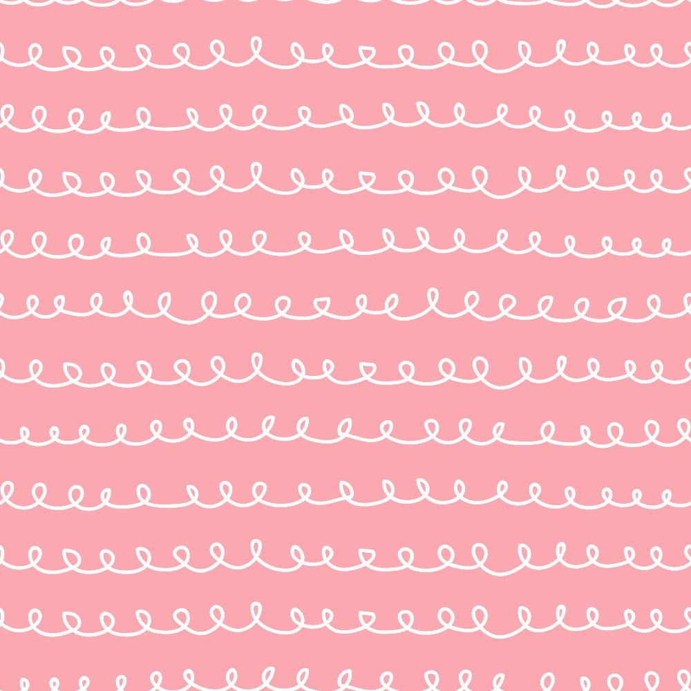 pink background, white loops, curly lines, doodle pattern, abstract design, continuous curls, whimsical style, cotton fabric, quilting panel, repetitive motifs, hand-drawn look, soft pink, spiral elements, decorative lines, craft fabric, sewing material, feminine colors, playful pattern, wavy design, textile art