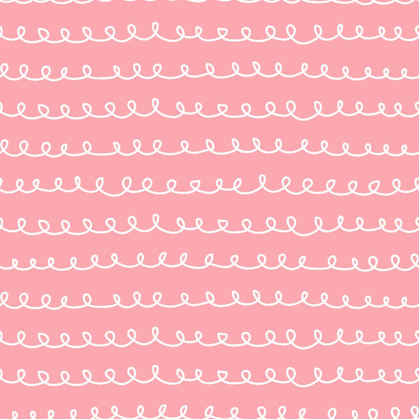 pink background, white loops, curly lines, doodle pattern, abstract design, continuous curls, whimsical style, cotton fabric, quilting panel, repetitive motifs, hand-drawn look, soft pink, spiral elements, decorative lines, craft fabric, sewing material, feminine colors, playful pattern, wavy design, textile art