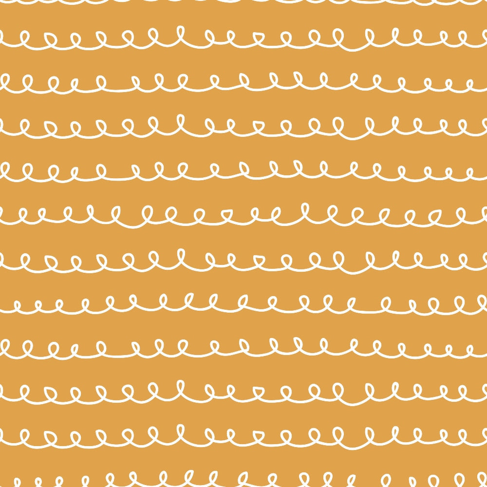 orange background, white loops, curly lines, continuous pattern, abstract doodles, hand drawn style, whimsical design, repeating motifs, cotton fabric, quilting panel, craft material, warm colors, playful pattern, wavy lines, decorative swirls, geometric curves, modern abstract, fabric yardage