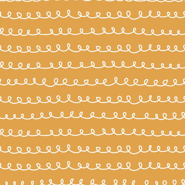 orange background, white loops, curly lines, continuous pattern, abstract doodles, hand drawn style, whimsical design, repeating motifs, cotton fabric, quilting panel, craft material, warm colors, playful pattern, wavy lines, decorative swirls, geometric curves, modern abstract, fabric yardage