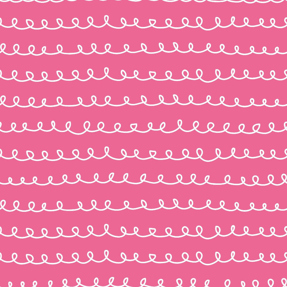 pink fabric, white loops, curly lines, spiral pattern, abstract doodles, continuous curves, whimsical design,, fabric panel, wavy lines, decorative swirls, repetitive pattern, flowing motifs, craft fabric, sewing material, looping design, playful curves, geometric loops