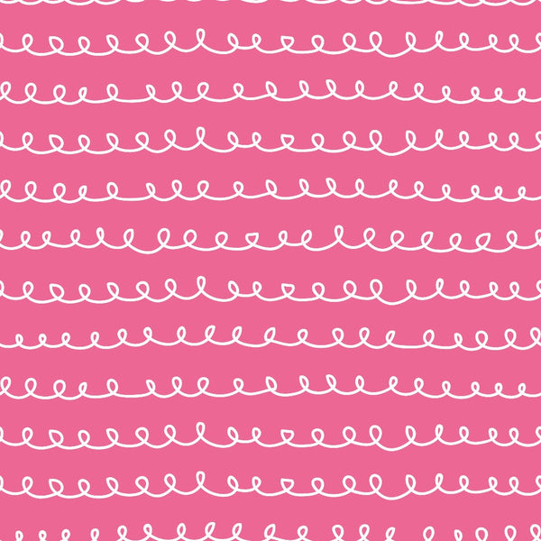 pink fabric, white loops, curly lines, spiral pattern, abstract doodles, continuous curves, whimsical design,, fabric panel, wavy lines, decorative swirls, repetitive pattern, flowing motifs, craft fabric, sewing material, looping design, playful curves, geometric loops