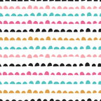 cute abstract doodles, scalloped borders, pink coral, teal turquoise, golden yellow, black, white background, geometric shapes, semicircle pattern, modern design,, fabric panel, playful style, colorful stripes, contemporary art, whimsical pattern, crafting material, sewing fabric