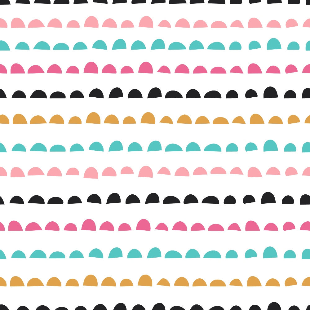 cute abstract doodles, scalloped borders, pink coral, teal turquoise, golden yellow, black, white background, geometric shapes, semicircle pattern, modern design,, fabric panel, playful style, colorful stripes, contemporary art, whimsical pattern, crafting material, sewing fabric