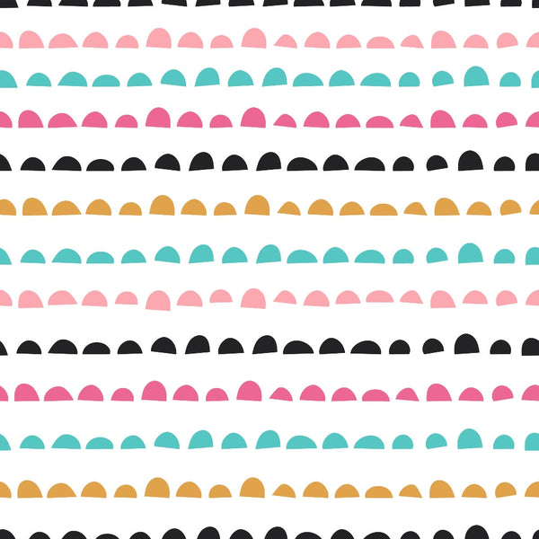 cute abstract doodles, scalloped borders, pink coral, teal turquoise, golden yellow, black, white background, geometric shapes, semicircle pattern, modern design,, fabric panel, playful style, colorful stripes, contemporary art, whimsical pattern, crafting material, sewing fabric