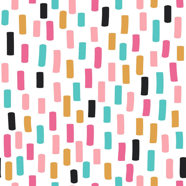 abstract pattern, geometric shapes, coral pink, teal blue, mustard yellow, black accents, light pink, modern design, contemporary art, scattered elements,, fabric panel, crafting material, minimalist style, playful mood, random placement, colorful palette, artistic doodles, creative pattern, cheerful design