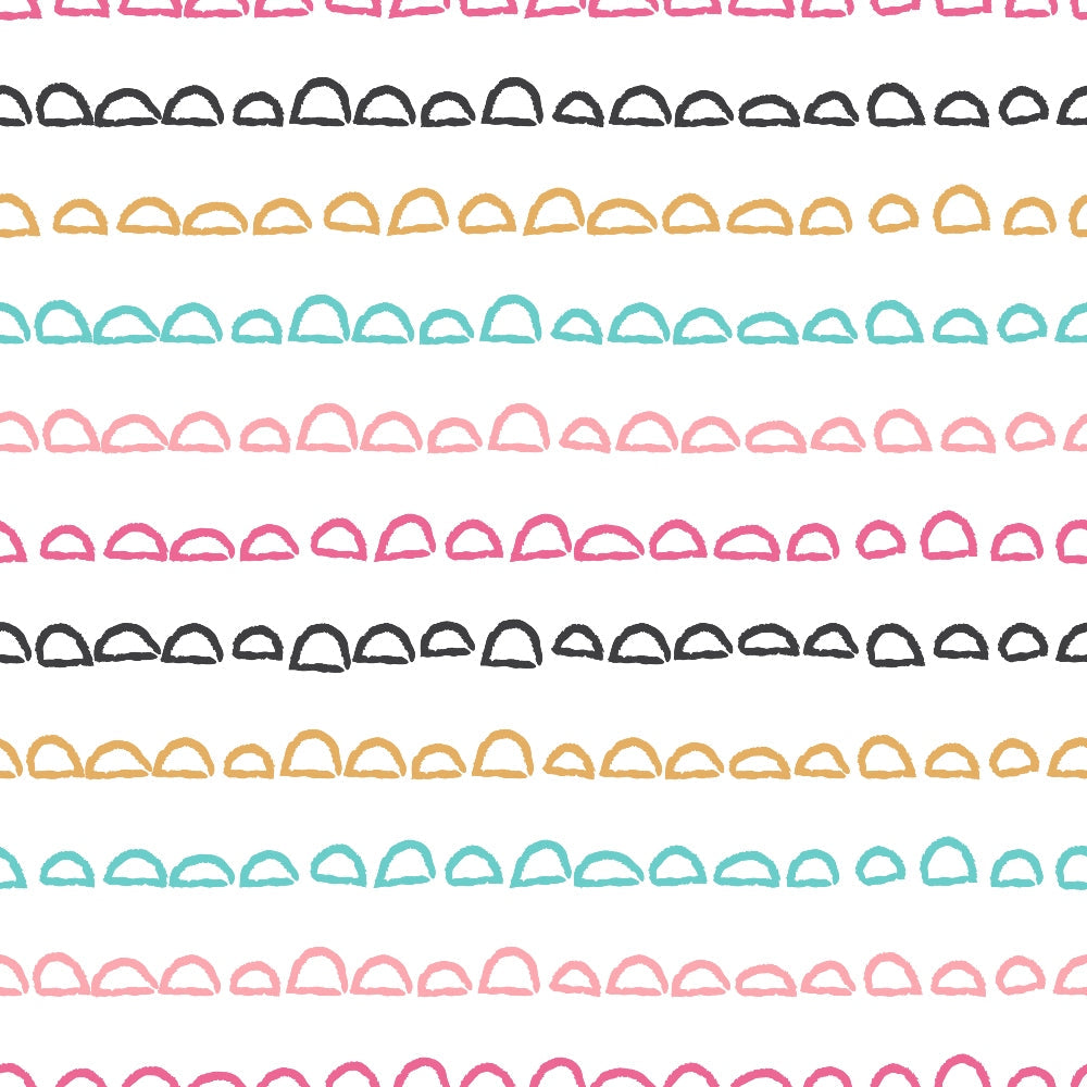 cute doodles, abstract pattern, scalloped shapes, rainbow colors, pink, teal, yellow, black, hand-drawn style, whimsical design,, fabric panel, repeating motifs, playful mood, modern pattern, geometric elements, colorful stripes, crafting material, sewing fabric, contemporary design